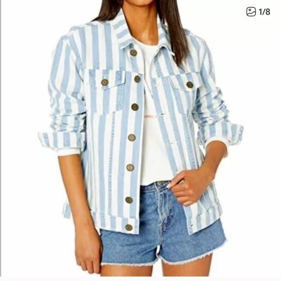 Show me your mumu Striped Blue and White Women's denim Jacket size medium - Picture 1 of 6
